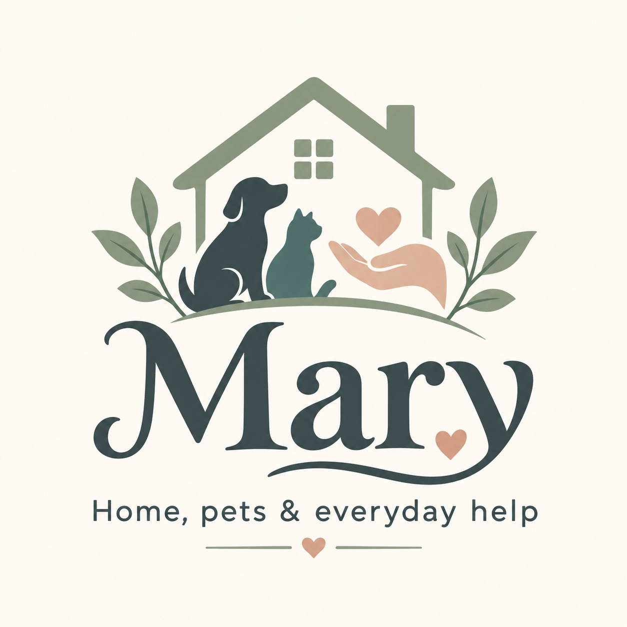Mary — Home, pets & everyday help. A house, dog, cat, helping hand and botanical leaves.
